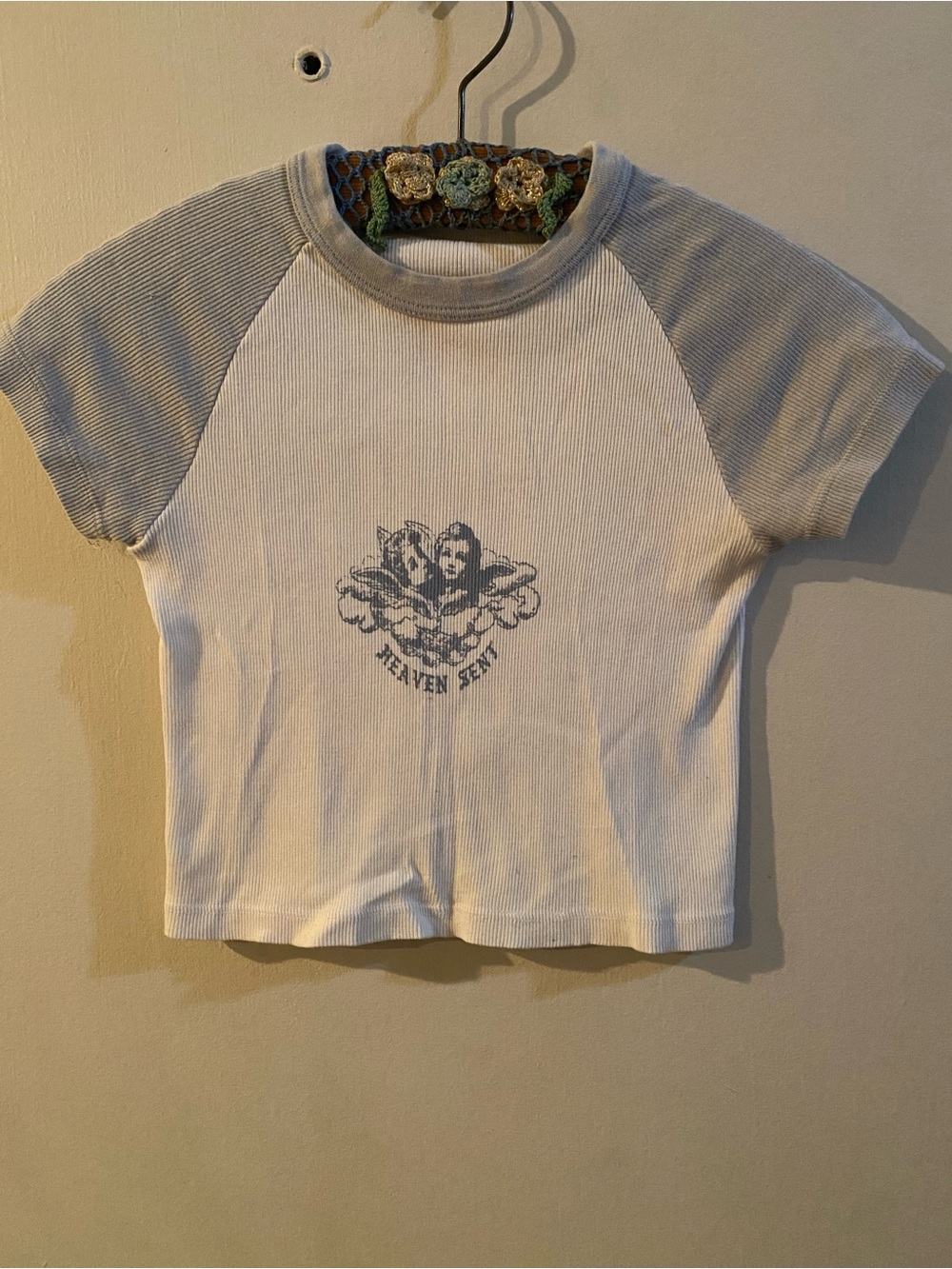 Brandy Melville White Tee with Light Gray Raglan Sleeves and Cherub Graphic
